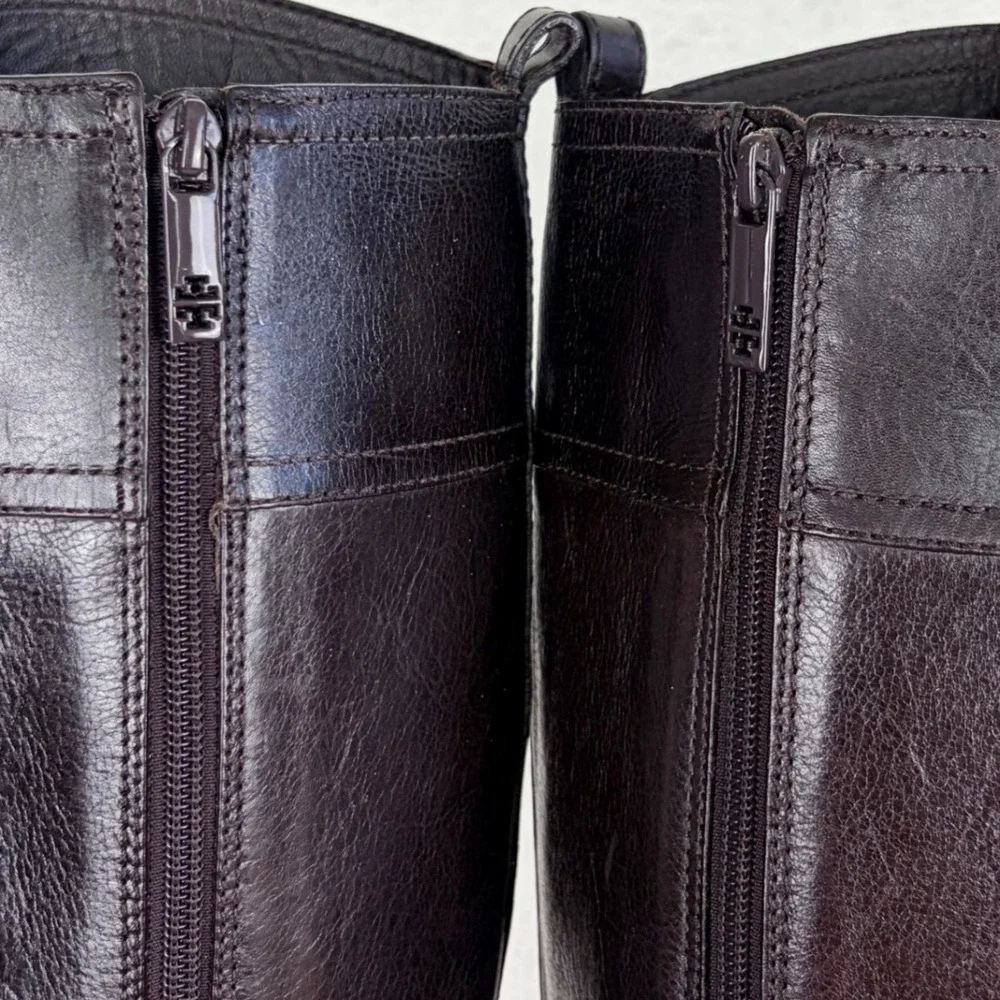 Tory Burch Jess Dark Brown Leather Knee High Riding Boots Gold‎ Horsebit 7.5M